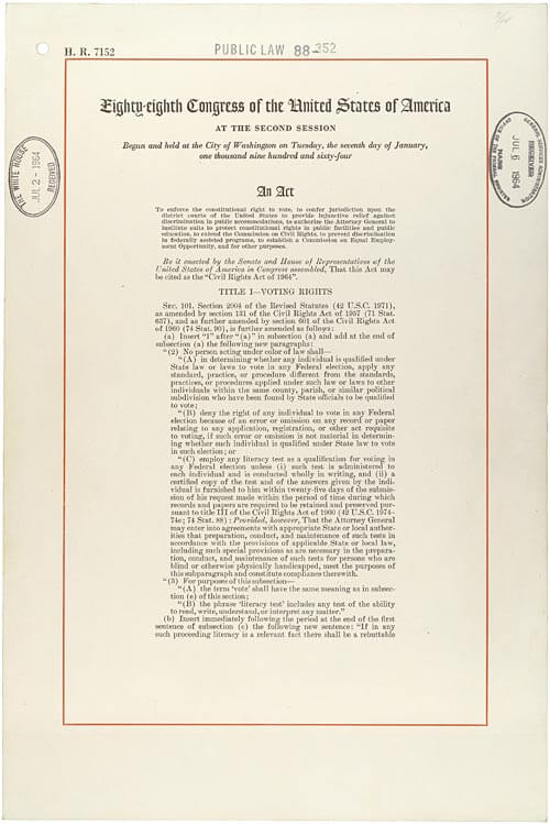 The Civil Rights Act of 1964. This act, signed into law by President Lyndon Johnson on July 2, 1964, prohibited discrimination in public places, provided for the integration of schools and other public facilities, and made employment discrimination illegal. This document was the most sweeping civil rights legislation since Reconstruction.